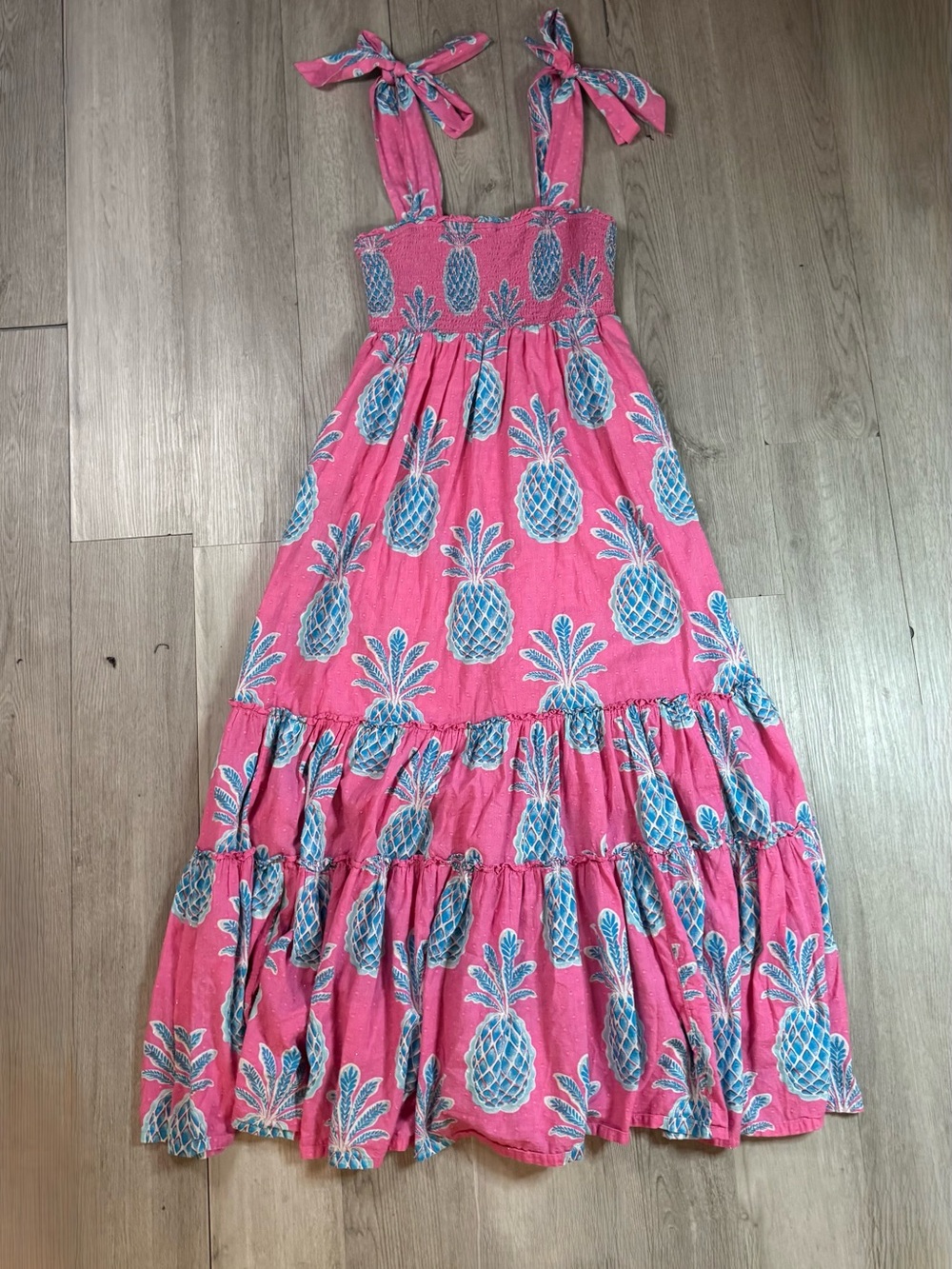 Crown & Ivy Pink Pineapple Print Smocked Tie Strap Square Neck Maxi Dress M